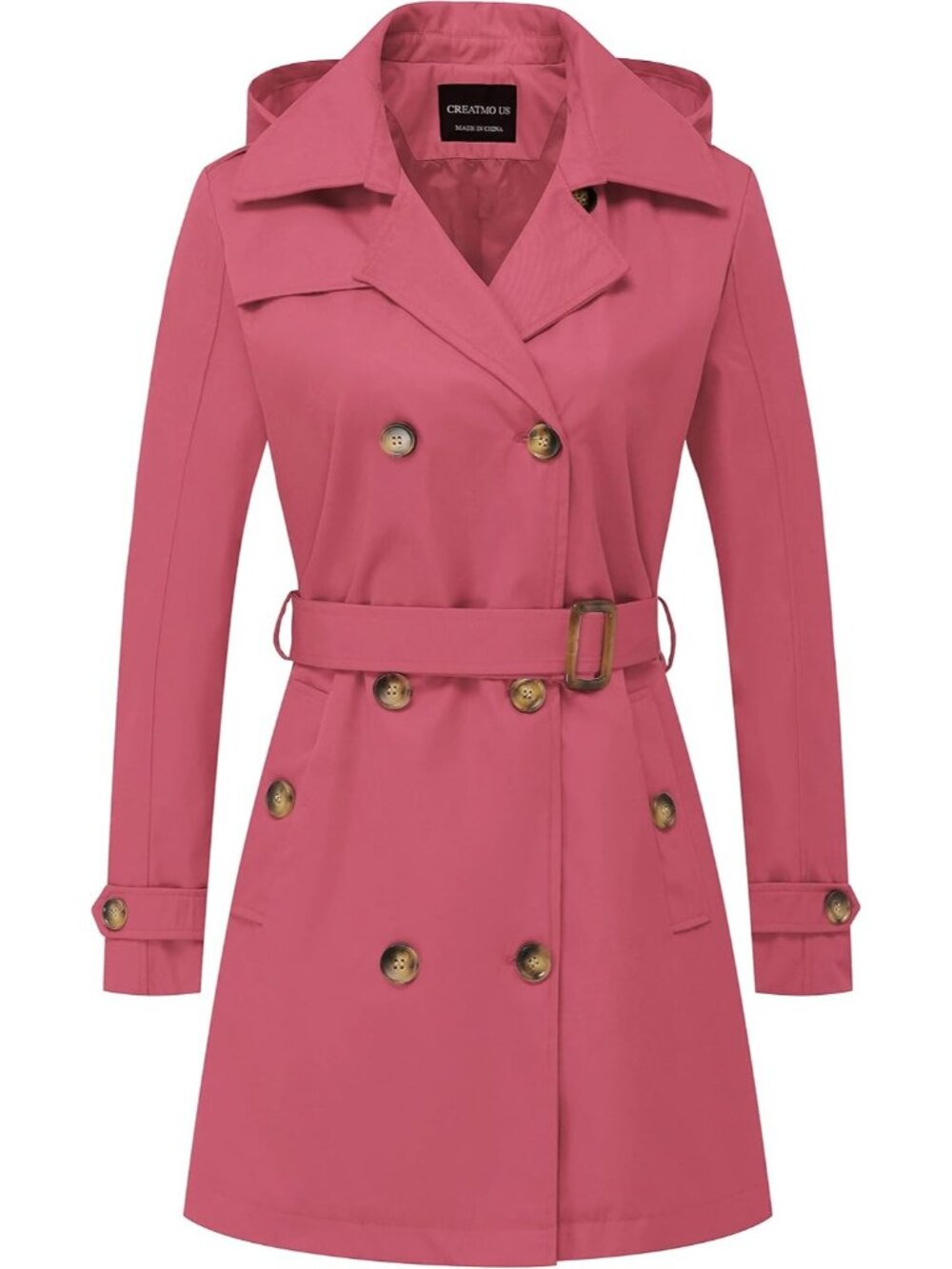 Women's Pink Polyester Cuff Sleeve Detachable Hood Double-Breasted Trench Coat